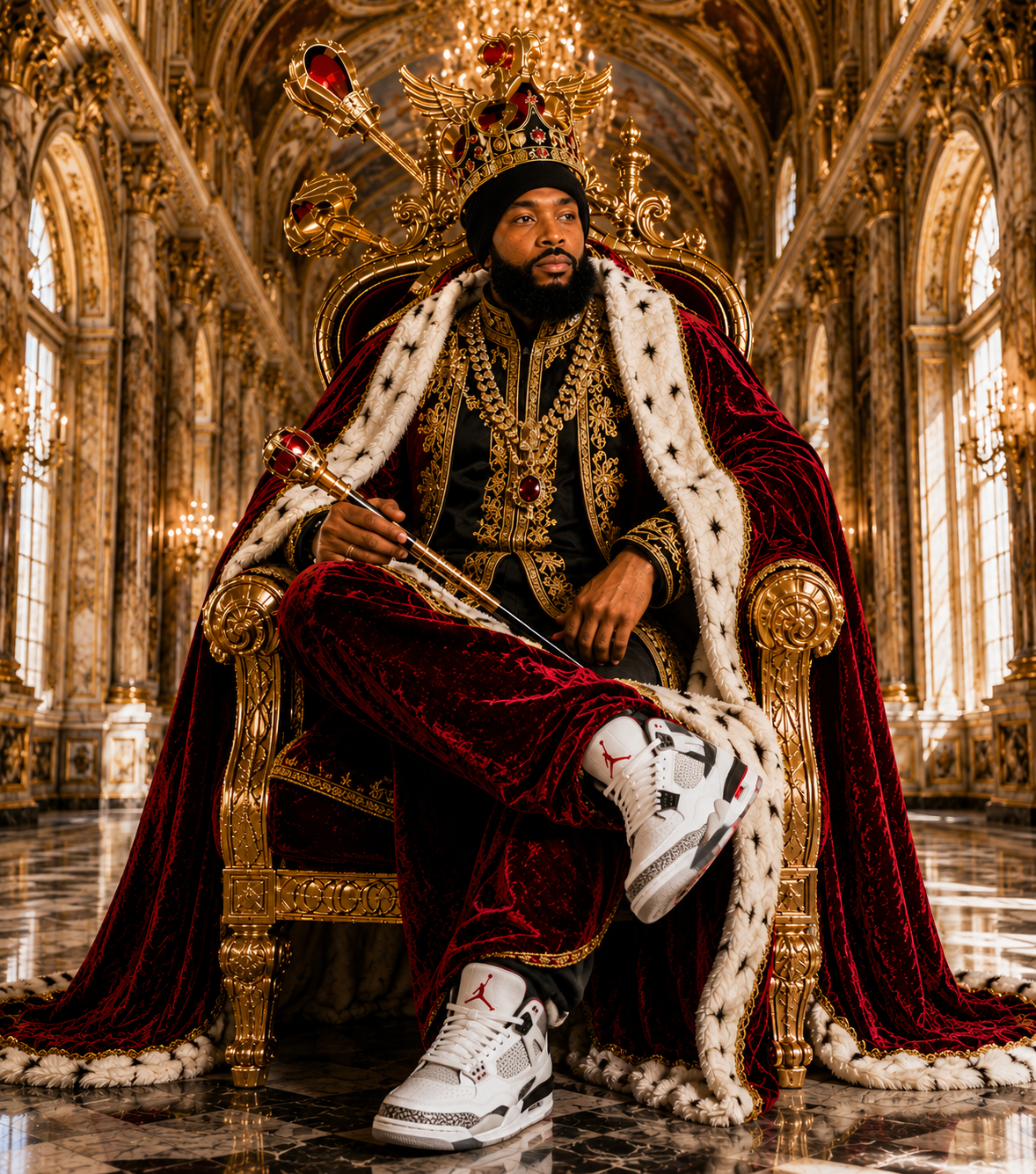 Sir Dilla as Free Flow Dilla, enthroned in a gilded royal hall