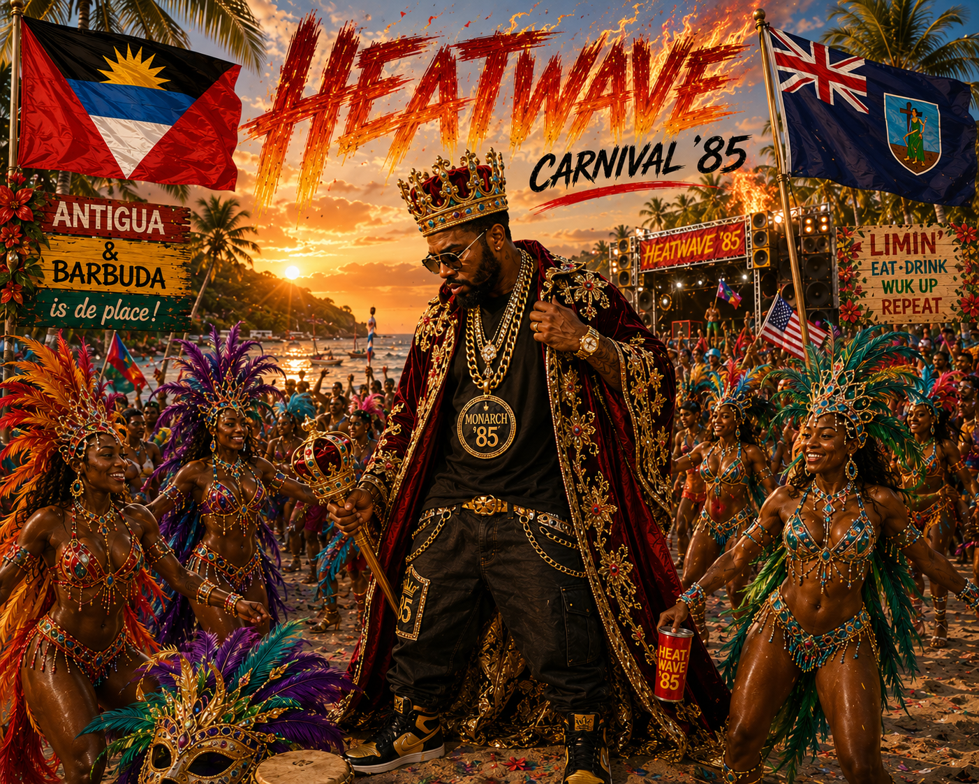 Heatwave Carnival 85 cover art, Sir Dilla crowned monarch on the beach