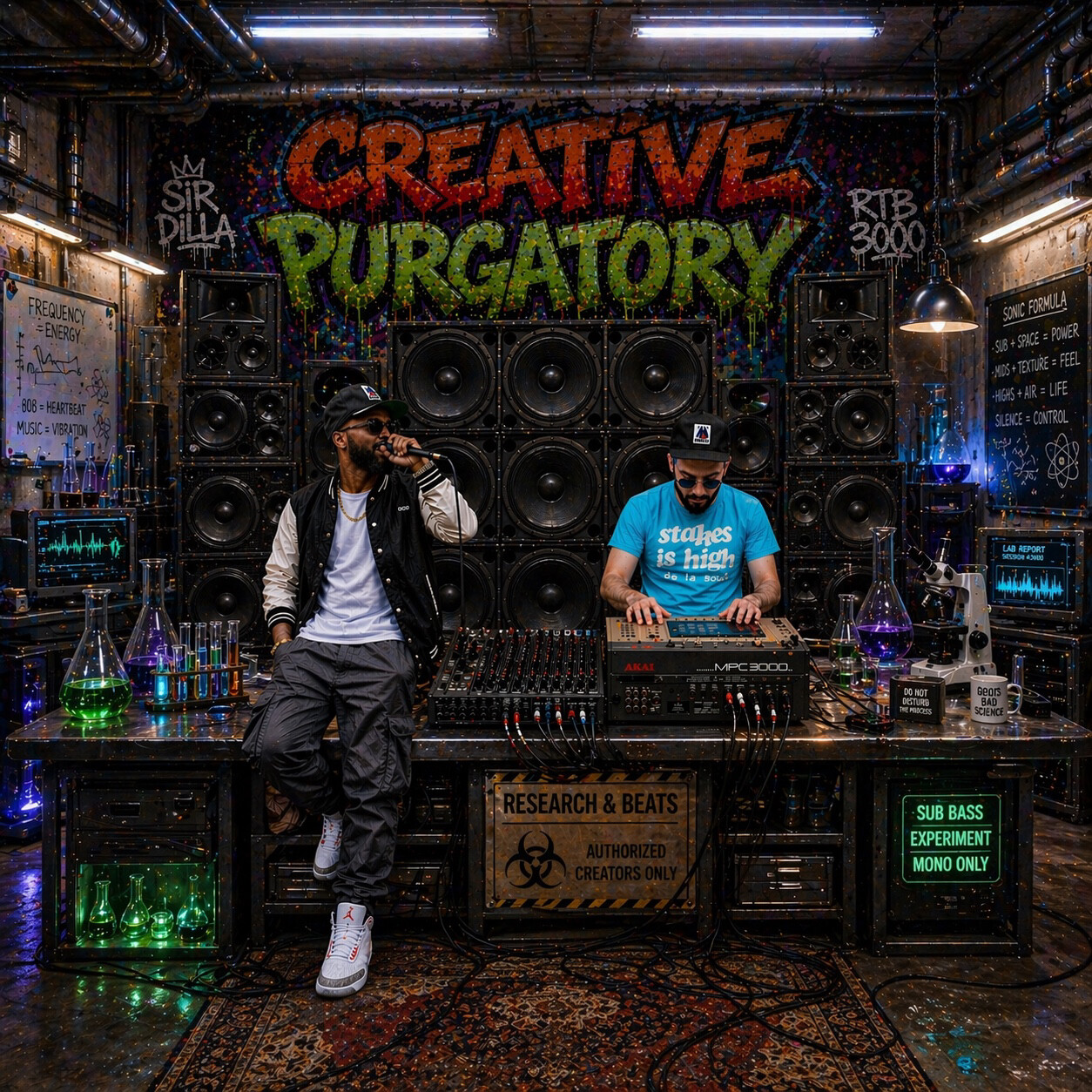 Sir Dilla and RTB3000 inside the Creative Purgatory lab, surrounded by speaker stacks and graffiti